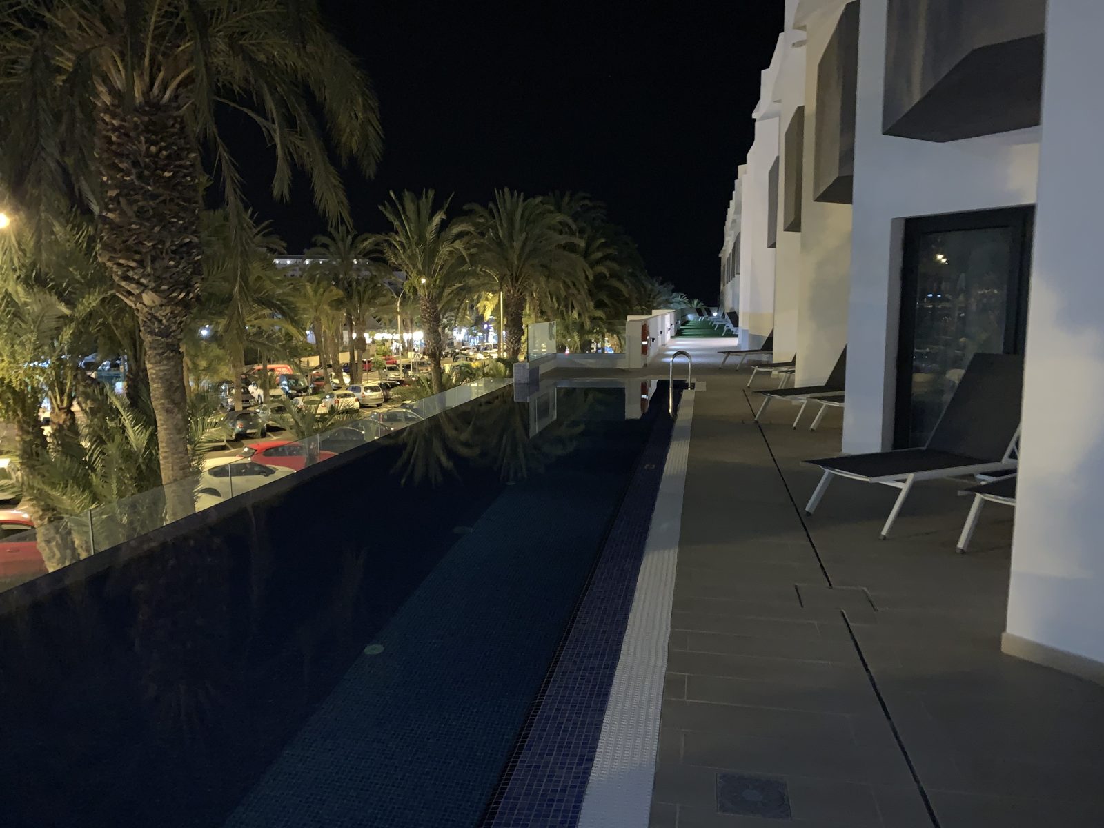 Piscina de noche con palmeras